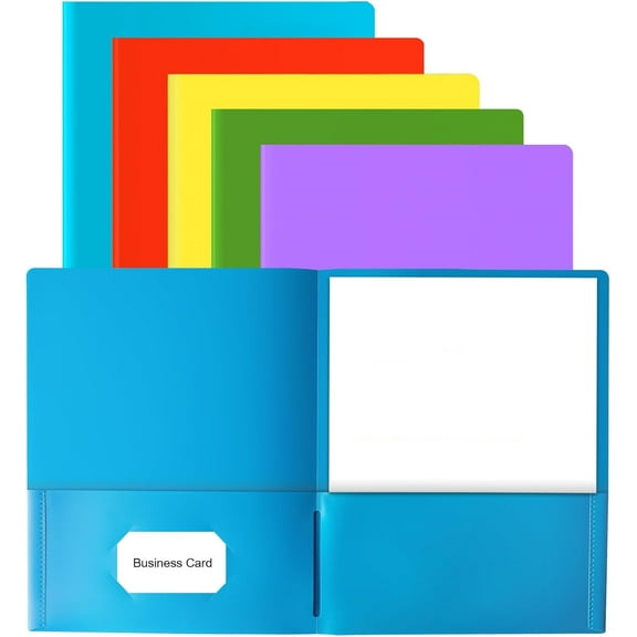 5PCS Folders with Pockets, 5 Color Heavy Duty Plastic Two Pocket Folder with Business Card Holder for Office High School Business Resume