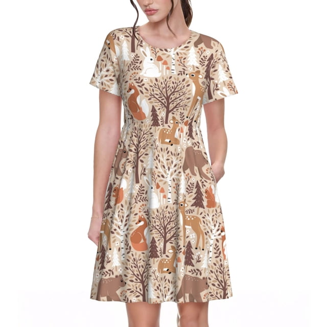 Balery Woodland Animals in Neutral Tones Vestidos sueltos de manga corta para mujer, vestidos de verano 2025, vestidos casuales de corte A con vuelo.