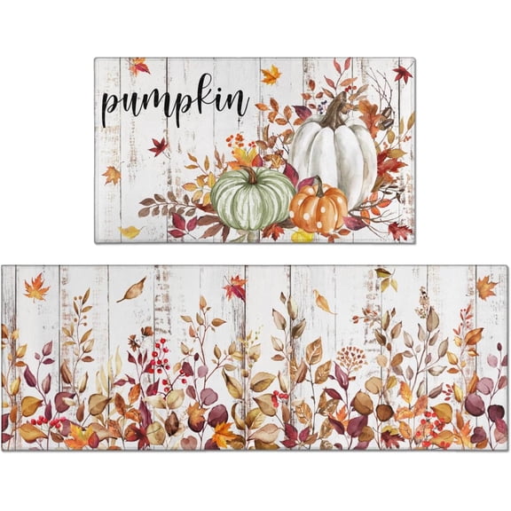 Fall kitchen rugs set of 2Fall Kitchen Rugs Fall Entrance Door Mat Pumpkin Maple Leaf Non Slip Kitchen Rug Anti Fatigue Mats for Kitchen Floor Waterproof Washable Rug Runner for Fall Thanksgiving