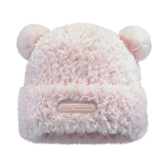 Xfvqtps Womens Beanie Knit Fuzzy Cuffed Cute Bear Ear Fashion Leather Label Windproof Coldproof Warm Outdoor Thickened Fall Winter Fluffy Plush Hat Pink