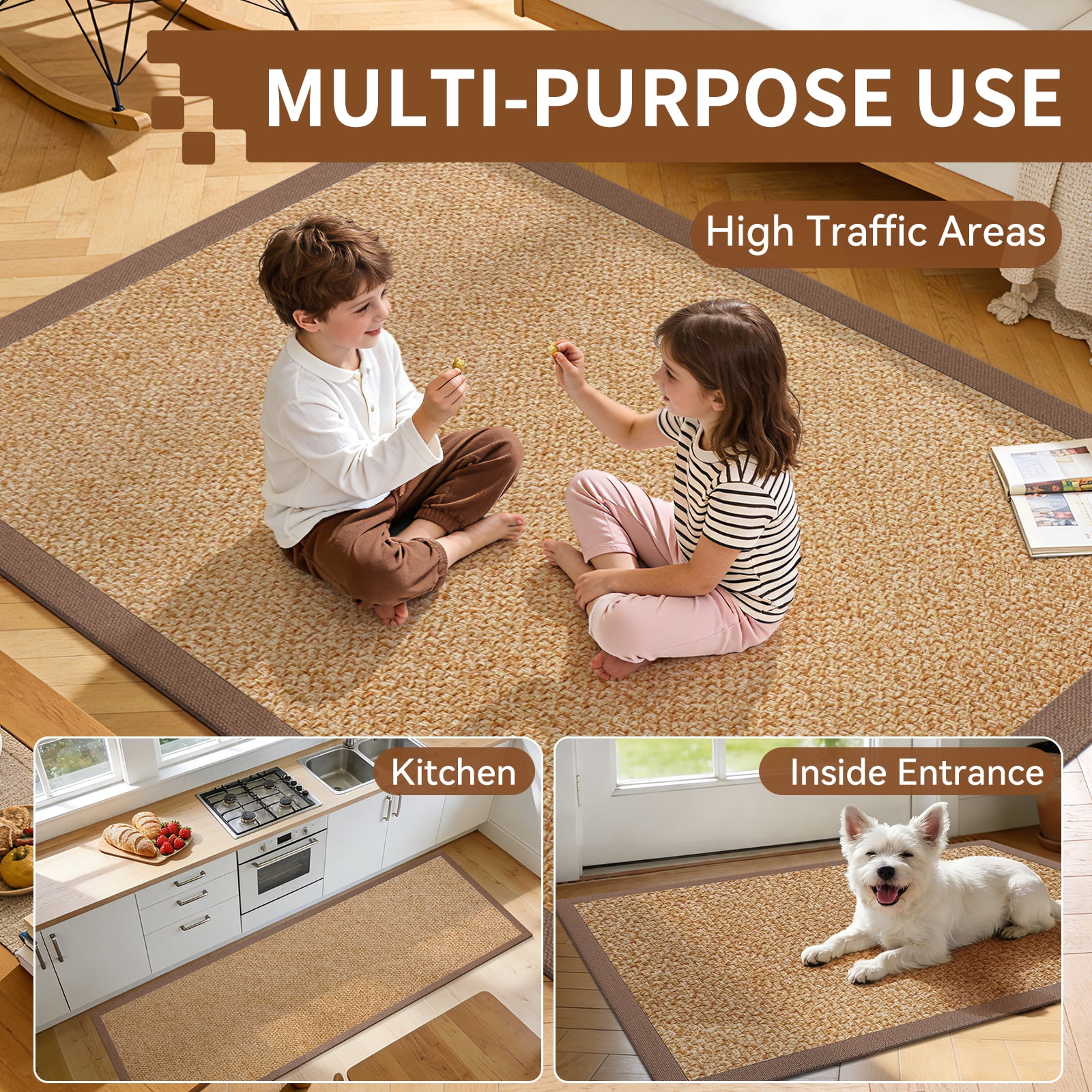 QiCaiJia Hallway Runner Rug 2x5 ft BrownJute Like Kitchen Runner Mat Rugs Non Slip, Woven Soft Entryway Farmhouse Runner Boho Floor Carpet for Indoor Laundry Hall Backdoor Bedroom Living Room