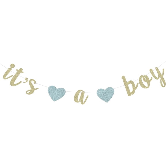 Glitter It's a Boy Banner for Baby Shower Gender Reveal Party Decoration Baby Boy 1st 6 Months Birthday with Blue Heart - Gold