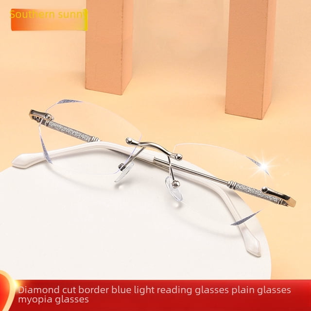 Gafas antienvejecimiento con luz azul perforada sin marco con borde de diamante para mujer, gafas planas para miopía