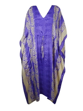 Mogul Women Kaftan Maxi Dress, Purple Beige Paisley Printed Sari Caftan, To Be Mom, MATERNITY Kaftan Maxi Dresses 2X