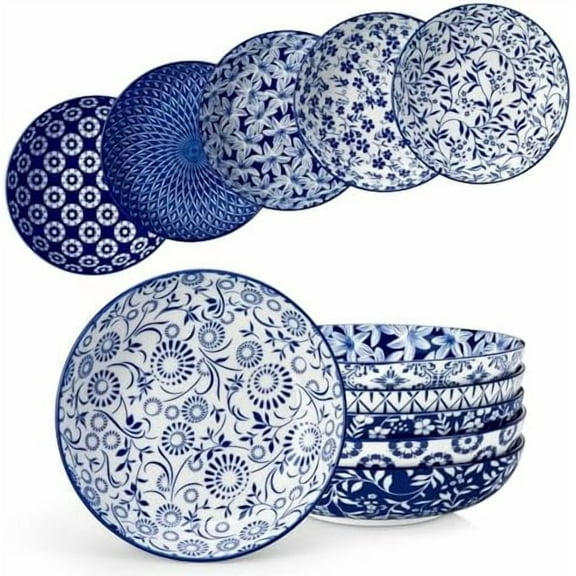 Selene 8.5" Pasta Bowls Set of 6, 40 oz Porcelain Shallow Salad Bowls, Serving Bowls Large Kitchen Bowl Plates Pasta Plates, Blue & White Floral Design, Microwave Safe$$Home Decor, Kitchen, & Other