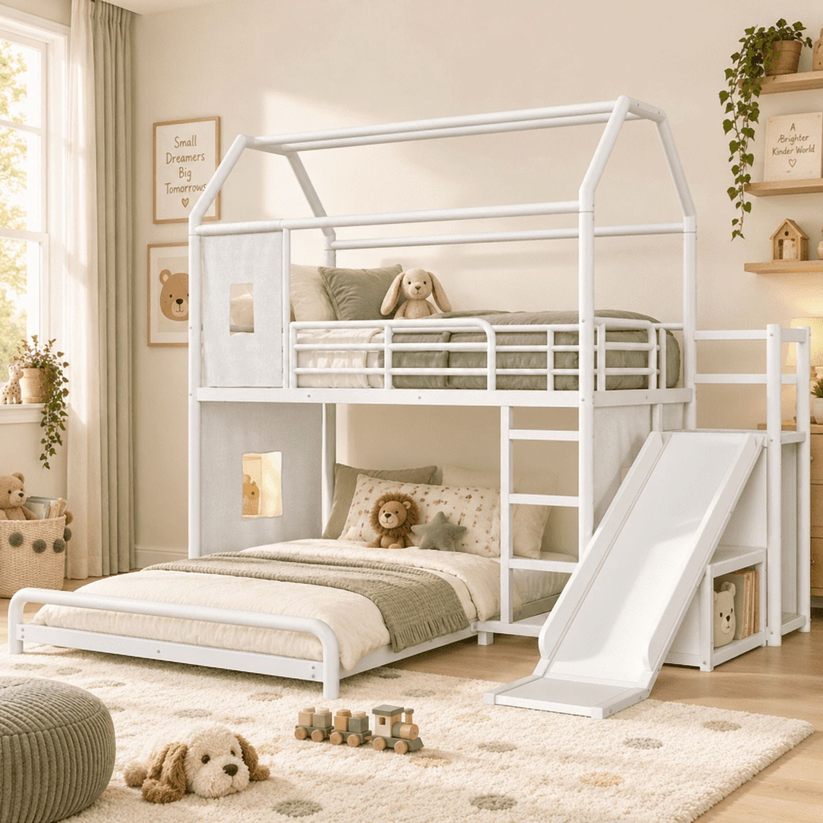 Twin over Full Metal Bunk Bed with Slide, Ladder, LED Light Strip, Privacy Curtain, Movable Storage Cabinet & Hanging Rod, House Shaped Kids Bunk Bed