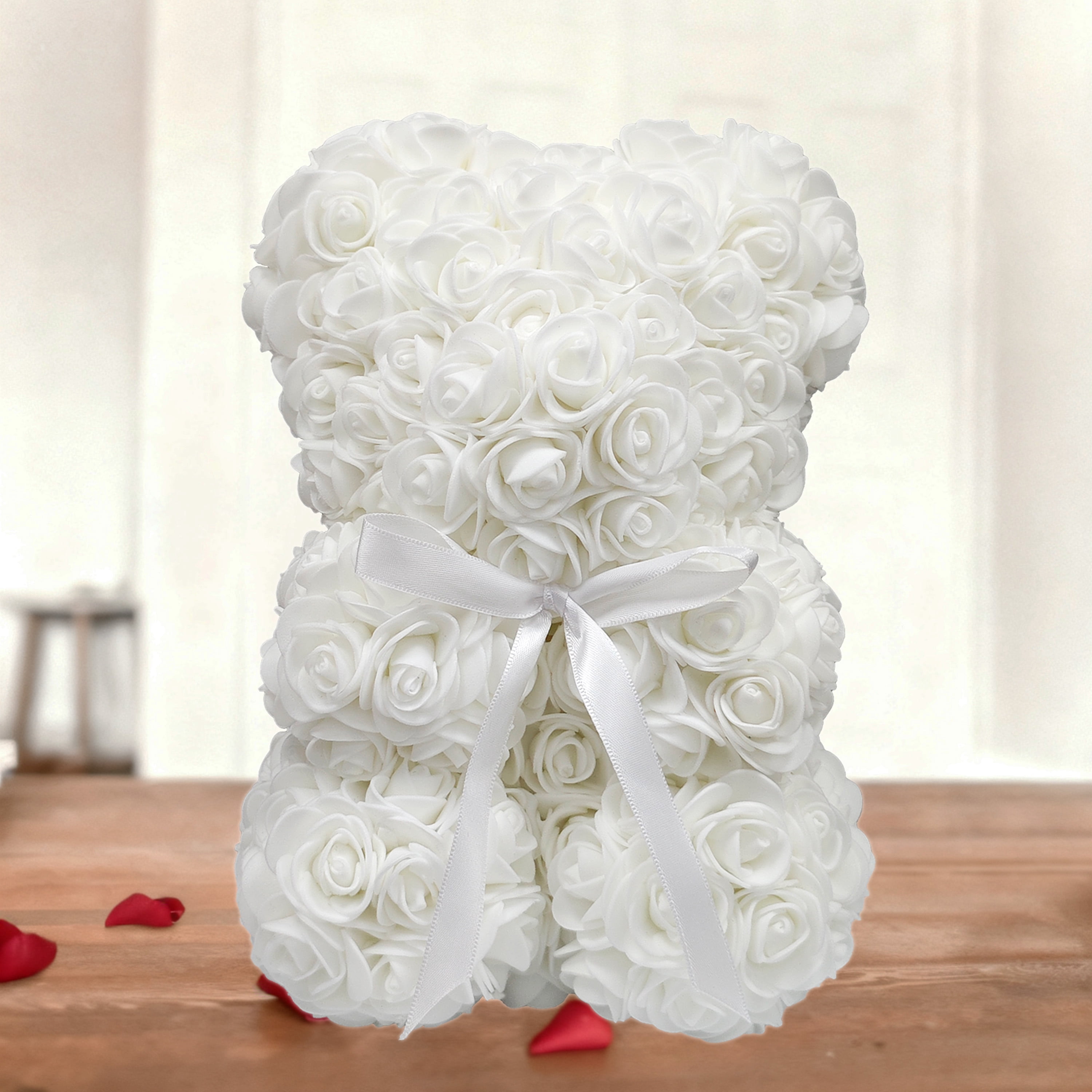 Way To Celebrate 9.25" Artificial Rose Bear Valentine's Day Gift, White Color