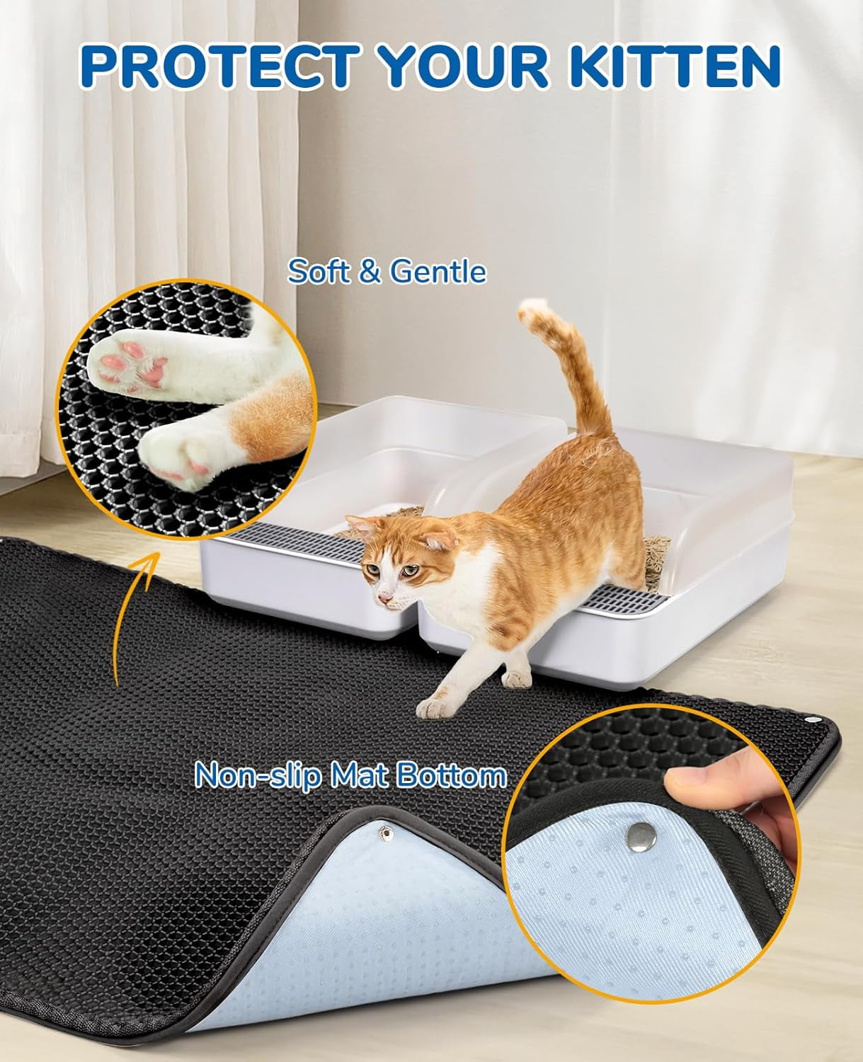 45"x32" Extra Large Cat Litter Mat, Honeycomb Double Layer Kitty Litter Trapping Mat, Urine Proof & Waterproof, Easy Clean, Machine Washable, Non-Slip, Scatter Control, Black