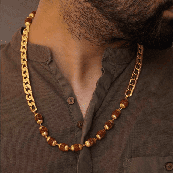 5 Face Rudraksha Necklace Chain | Brass Golden Rudraksha Necklace Chain