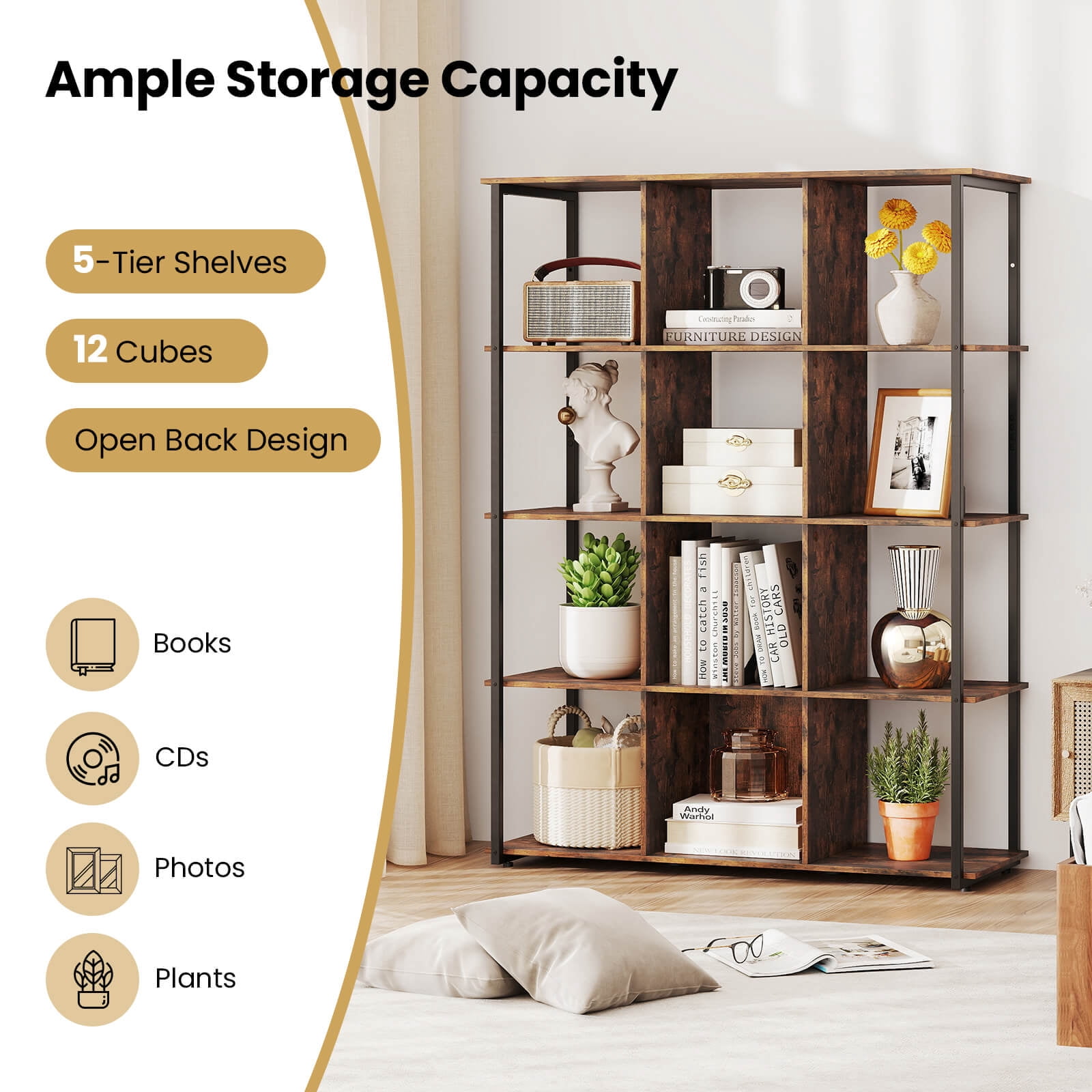 Costway 12-Cube Bookcase 57" Tall Freestanding Bookshelf Industrial Shelf Display Rack