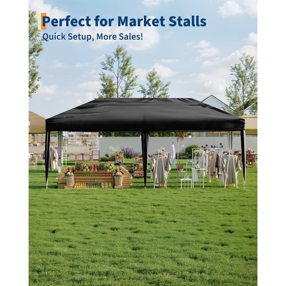 Tente à Auvent 10 X 20 Pi, Abri Extérieur Escamotable avec 6 Parois Latérales Amovibles et Sacs de Sable, Résistant aux UV et Imperméable, Installation Facile pour Fêtes de Camping dans la Cour Arrière, Noir