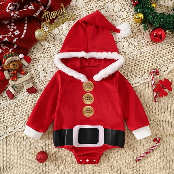 Santa Outfit Toddler Girl Long Sleeve Santa Hooded Bodysuit Holiday Party Dress Babys First Christmas Outfit Girl 12-18 Months