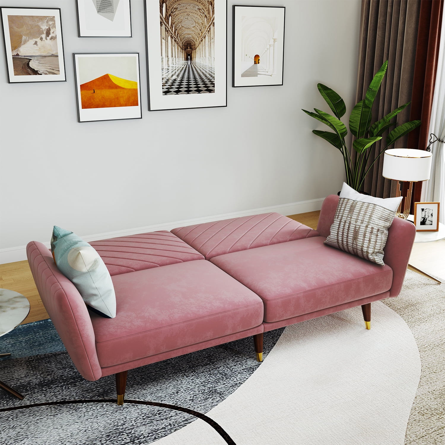 Resenkos Convertible 2-Seat Velvet Sofa Bed with Adjustable Backrest and Solid Wood Legs,Pink