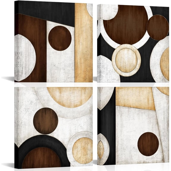 Abstract Canvas Wall Art Taupe Brown and Yellow Geometric Circle Painting Pictures Modern Office Artwork Prints Home Decor (Brown)