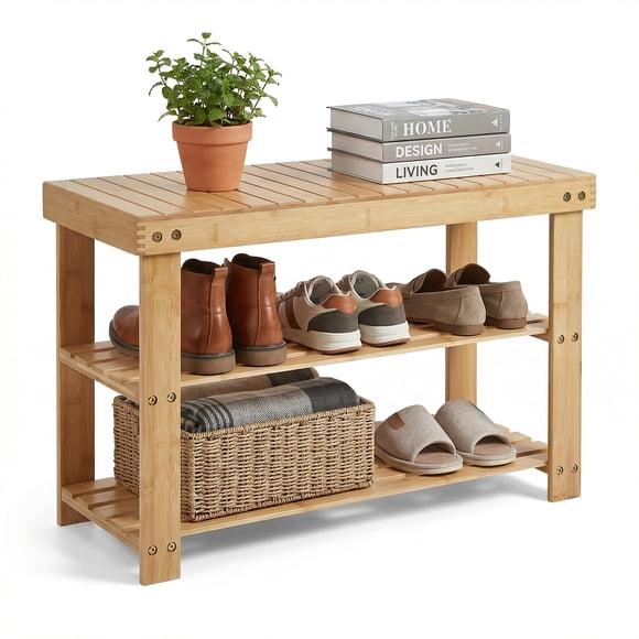 Natural 3-Tier Bamboo Shoe Rack Bench for Entryway – Comfortable Seat, Holds 286 lbs – Multi-Purpose Hallway, Bedroom, Foyer, Mudroom, or Balcony Storage – Natural Wood