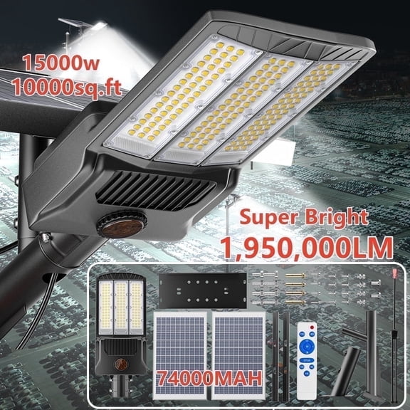 Gefolly 15000W Solar Street Lights, 1950000 LM, Dusk to Dawn, IP67 Waterproof for Outdoor Courtyard, Patio, Road