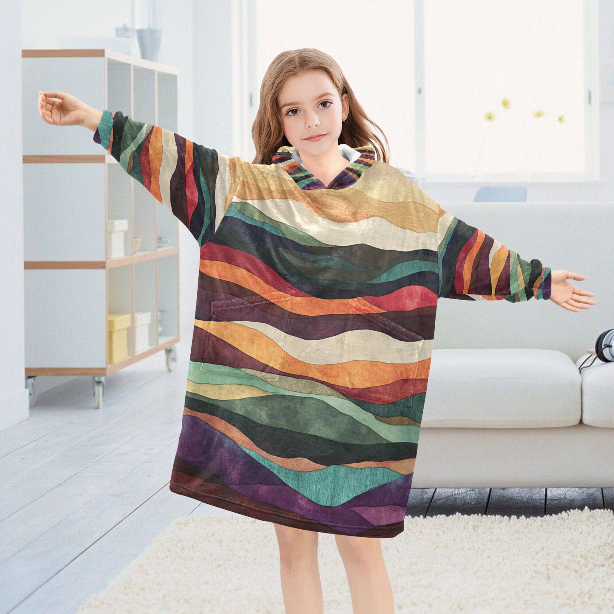 FORMRS Wearable Blanket Hoodie with Sleeves for Kids Cozy Flannel Sweatshirt, Artistic Desert Pattern