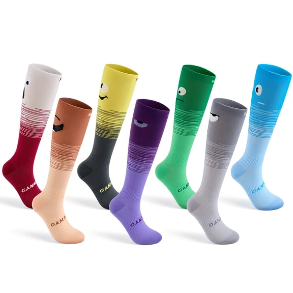 Day of the Week Compression Socks for Women & Men, 7 Pairs 15-20mmHg Knee High Support Stockings for Nursing, Travel, Running, Athletic - Colorful Fun Daily Mood Socks