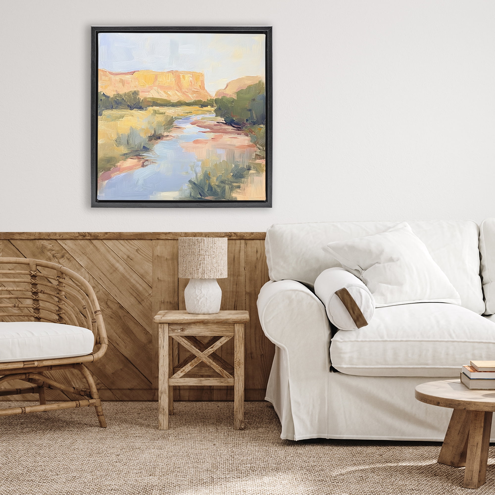 Stupell Industries Painted Plateau River Reflection Black Framed Floater Canvas Wall Art, design by Petal Prints Design