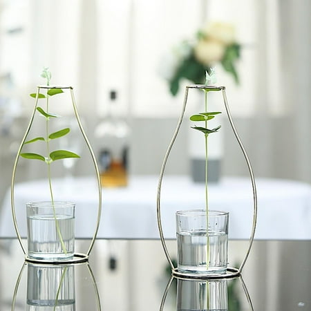 BalsaCircle 2 pcs 10-Inch tall Gold Metal Geometric Milk Bottles with Clear Votive Glass Flower Vase Holders Wedding Centerpieces