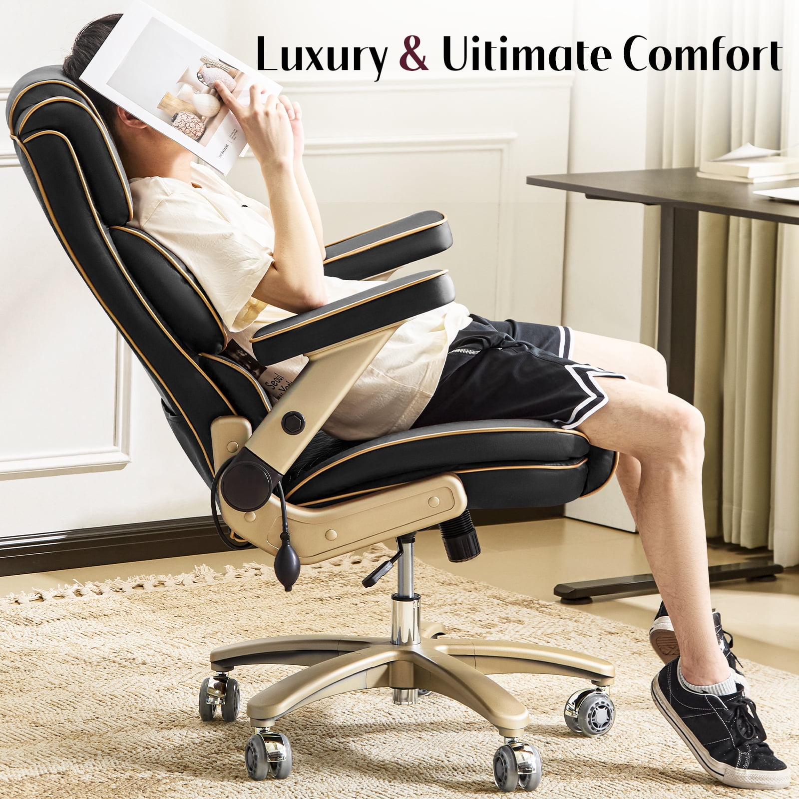 Falvinoryn Big and Tall Office Chair 500LBS, Ergonomic High Back Executive Office Chair, Adjustable Lumbar Support, Flip Arms, Locking Wheels Large Computer Desk Chair, Black