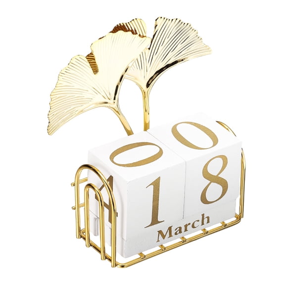 Uxcell Wooden Perpetual Block Calendar, Golden Decorative Daily Display with Movable Blocks Modern Farmhouse Office Coffee Table Decor for Parties Holidays Wedding, Fan-shaped Leaf