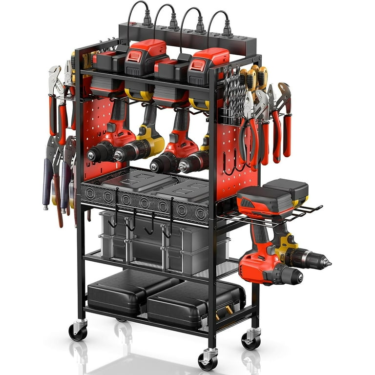 Power Tool Organizer Cart with Charging Station, Garage Floor Rolling  Storage Cart on Wheels for Mechanic, Mobile 6 Drill, Tool Box Utility Cart  with Battery Charging Power Strip, Red. - Walmart.com