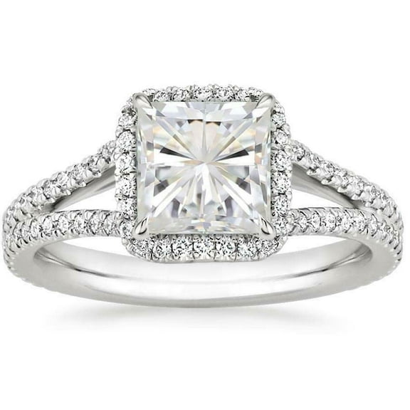 HeartsAndYou 4ct Princess Cut Moissanite Engagement Ring for Women 18k White Gold over Silver Halo Split Shank