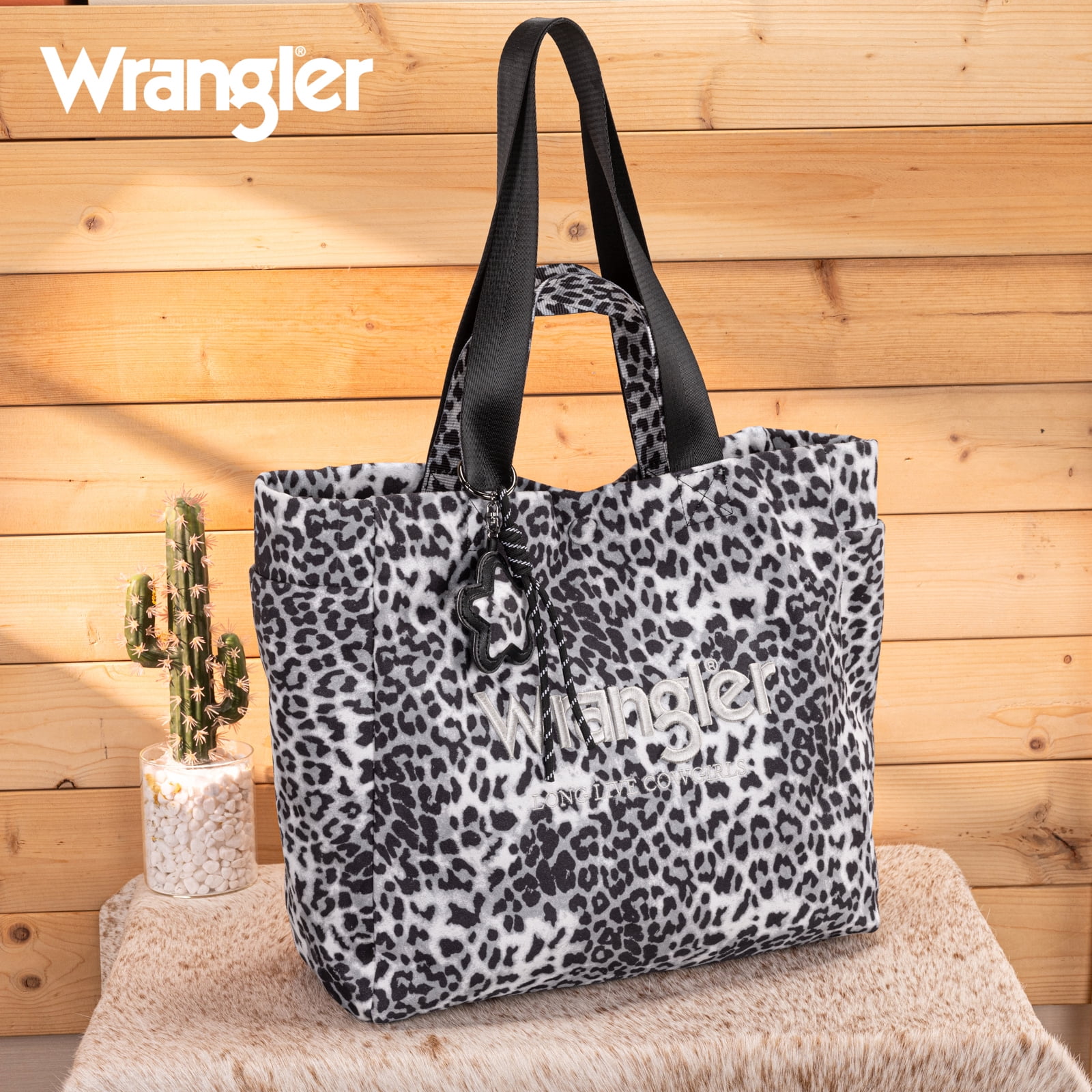 Wrangler Large Tote Bag for Women Designer Leopard Print Purse for Travel Work Gym, Black