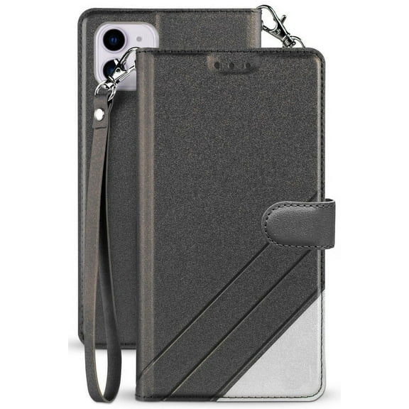 Black Infolio Wallet Case Credit Card Slot ID Cover, View Stand [with Wrist Strap Lanyard] for Apple iPhone 12 and iPhone 12 Pro (2020, 6.1" Model)