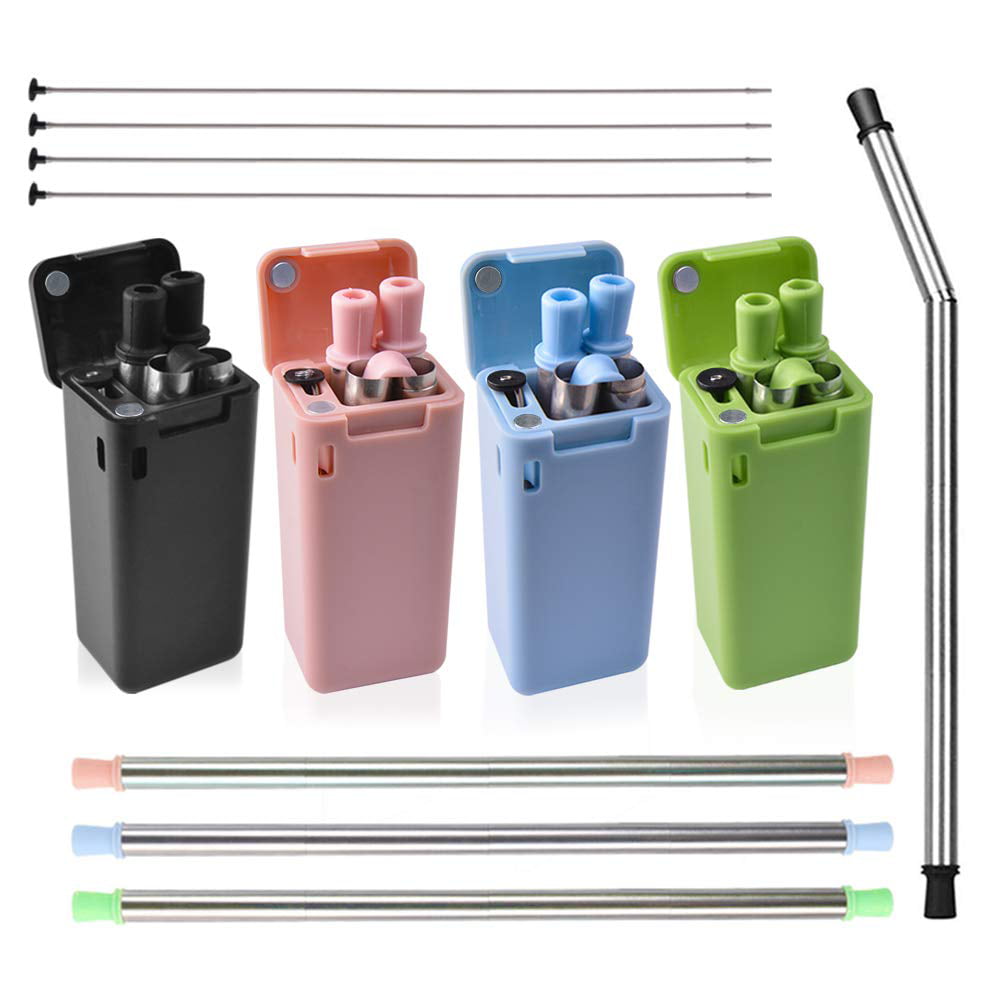 Stainless Steel Collapsible Reusable Straw with Case 4 pack Blue White Red Black 