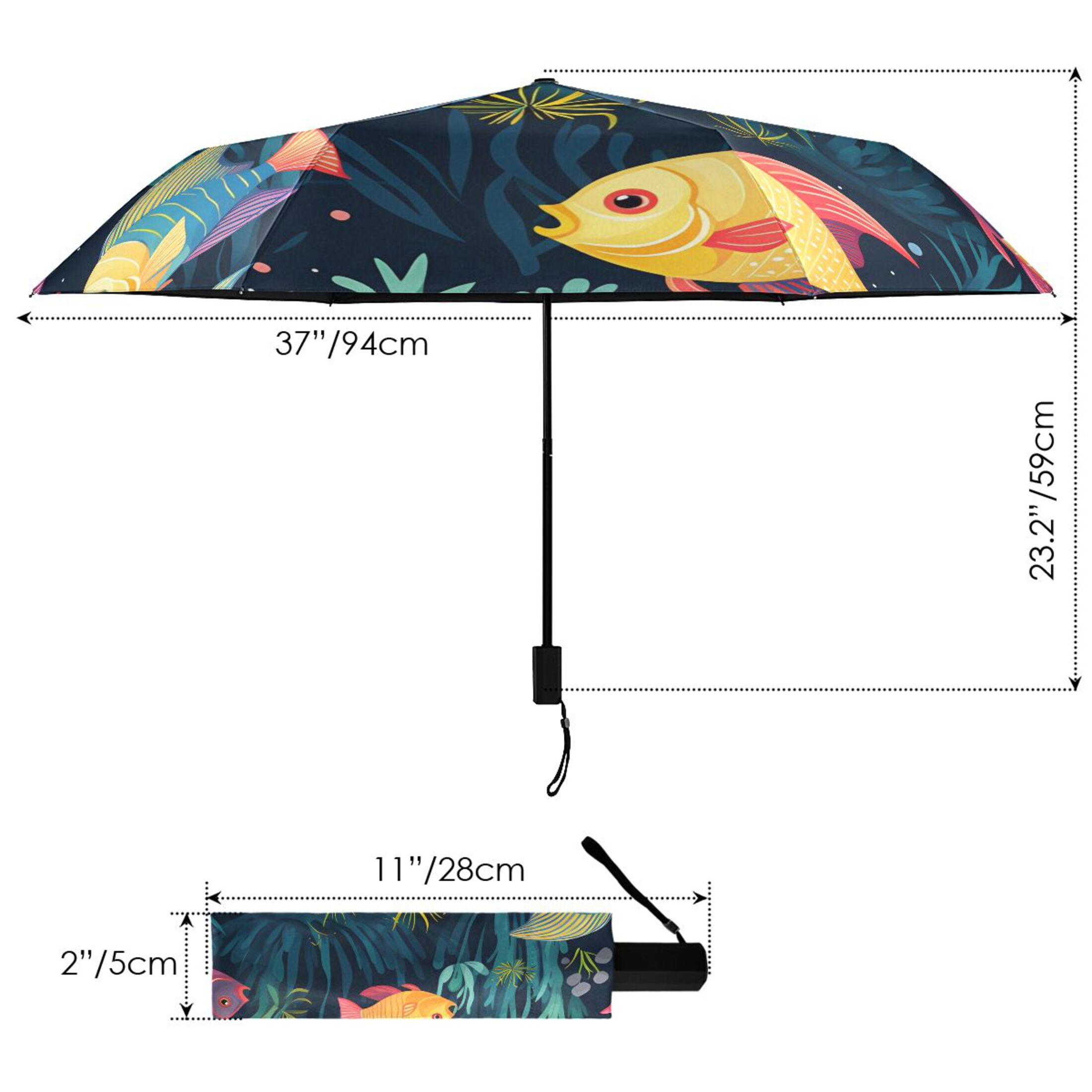 Fishes Compact Folding Umbrella for Rain Windproof Travel Umbrella UPF 50+ Lightweight Packable Arc Size