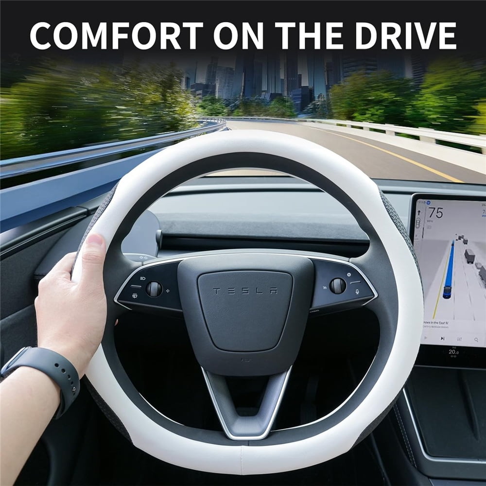 Leather Steering Wheel Cover Suitable For Tesla Model3/Y 2016-2025 2026 Juniper/Highland, Non-slip And Breathable Tesla Model3/Y Steering Wheel Protector, White