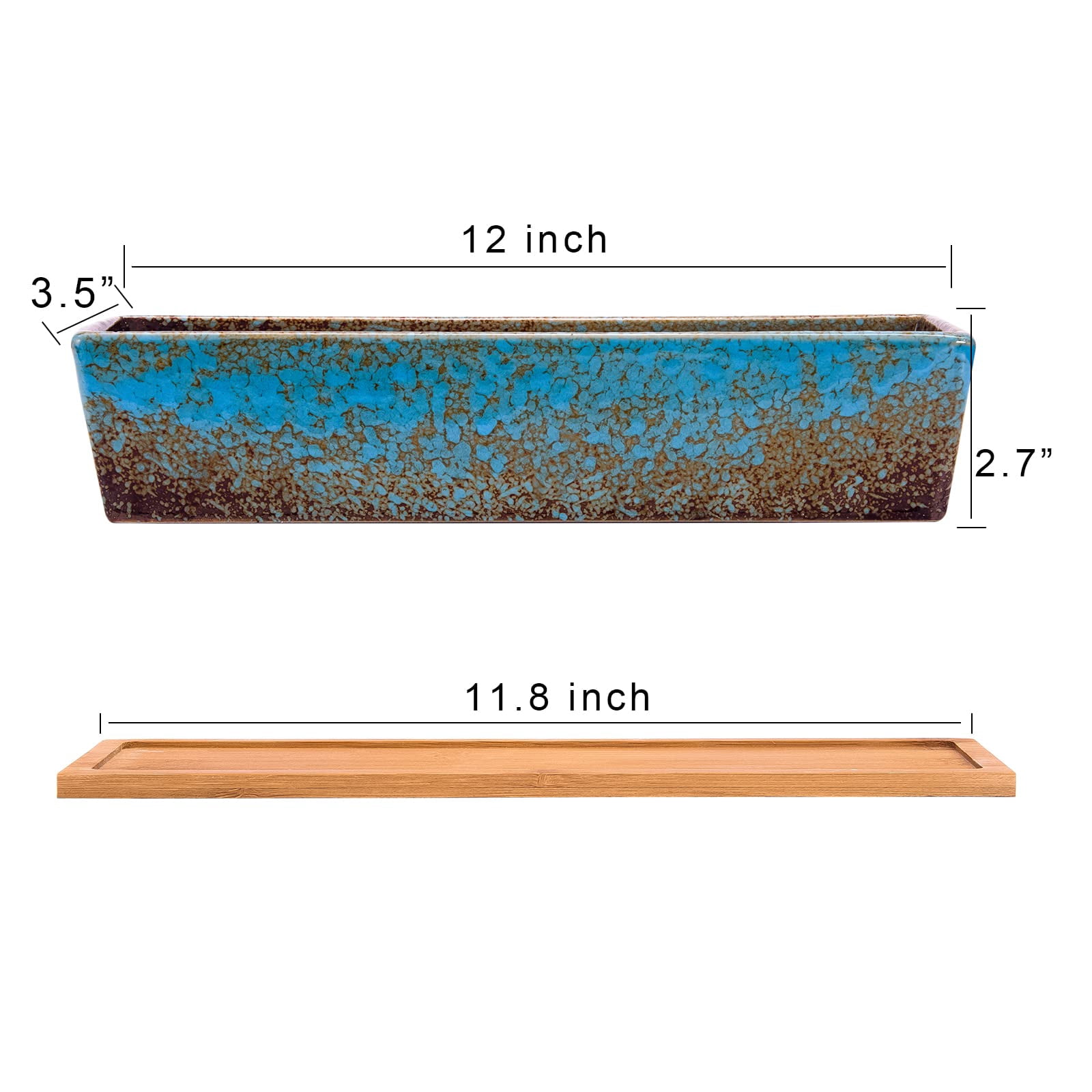 Succulent Planter Pots Large Rectangular Ceramic Cactus Flower Pot with Drainage and Bamboo Tray 12 Inch Shallow Bonsai Window Box for Home Garden Decor