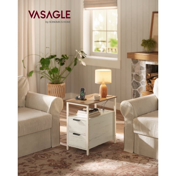 Slim Bedside Table with Charging Station, 2-Drawer Narrow End Table with 2 Outlets and USB Ports, for Small Spaces, Honey Brown and White