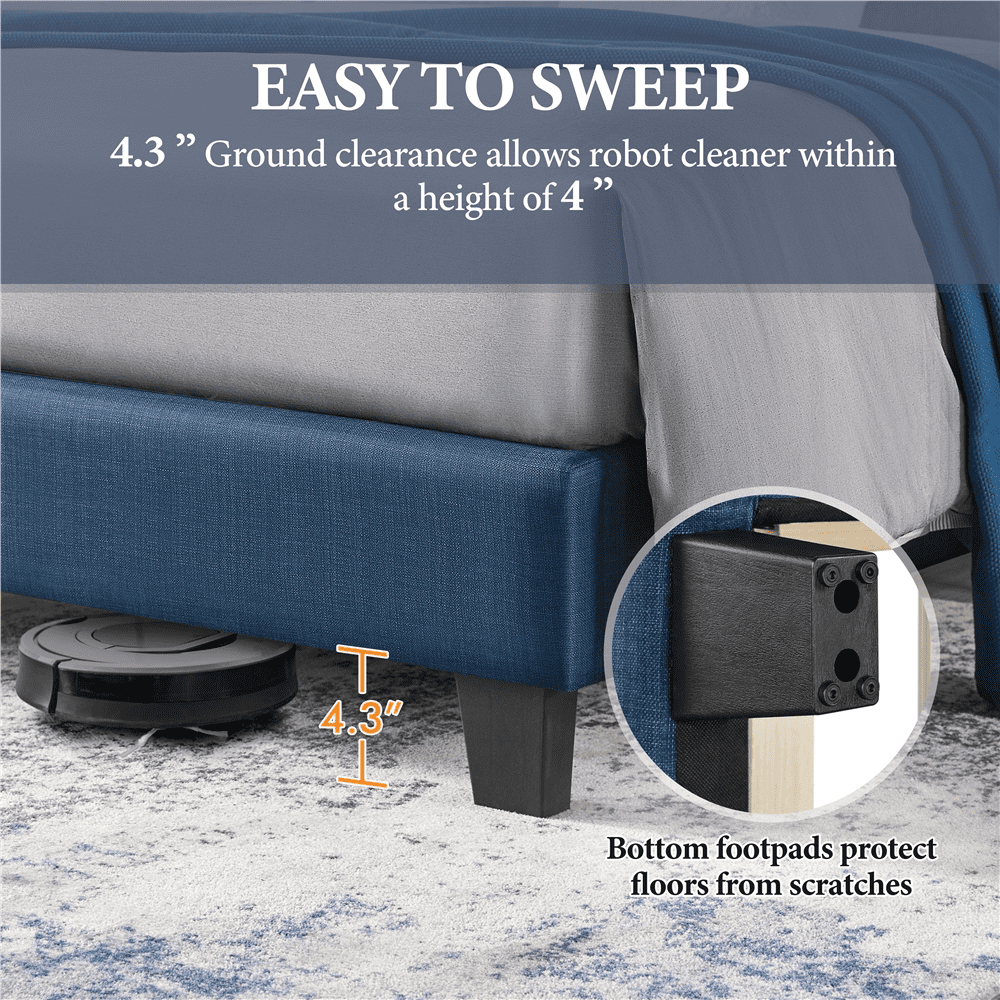 Renwick Upholstered Platform Queen Bed Frame with Wing Side, All Ages, Navy Blue