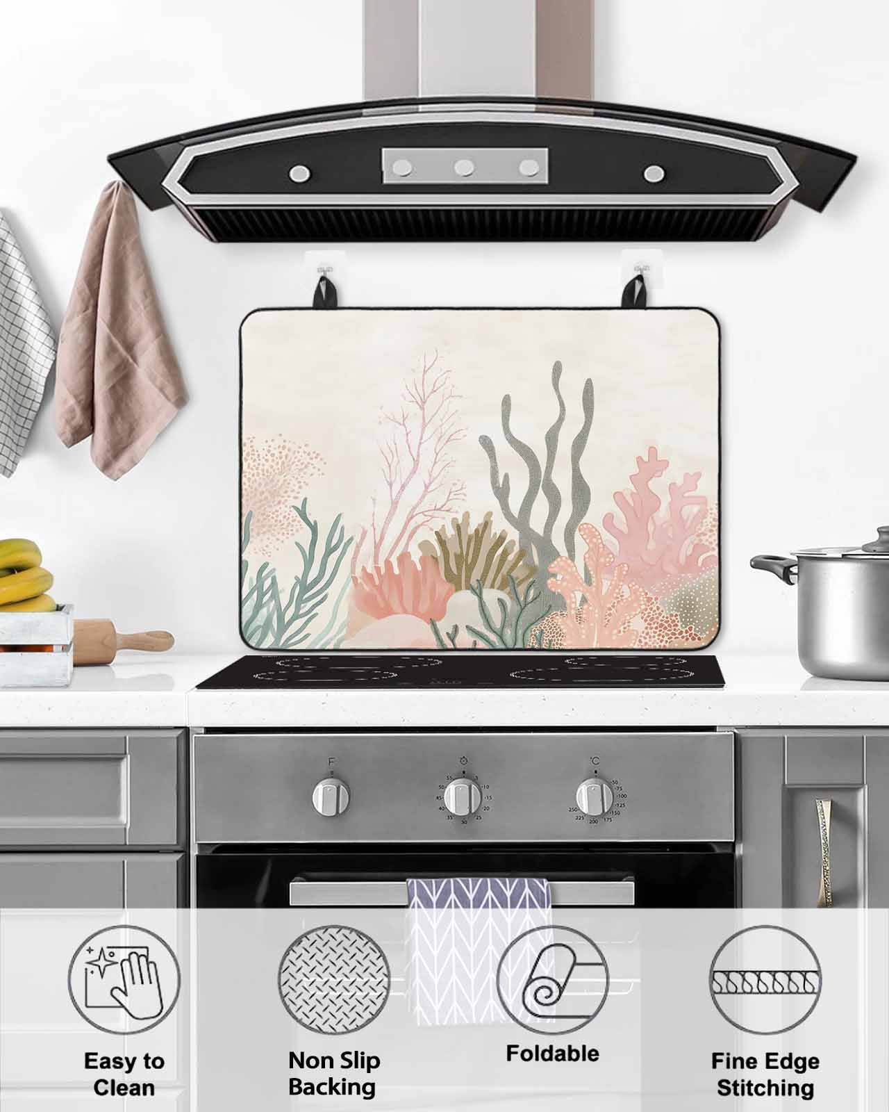 nqOlkjepod Large Induction Cooktop Protector Mat 28.5"x20.5", Coastal Coral Stove Top Covers for Electric Stove, Retro Watercolor Farmhouse Ocean Seaweed Stove Burner Cover Mats Stove Cover