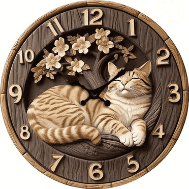 VOCOO 10" Silent Non-Ticking Wooden Wall Clock , 2D Cat and Flower Printed Clock, Round Decorative Wall Clock for Home, Office, School,Battery Operated