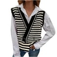 thumbnail image 2 of IROINNID Women's Short Vest V-Neck Stripes Sleeveless Casual Loose Striped Contrasting Thickened Sweater Knitwear, Black, 2 of 5