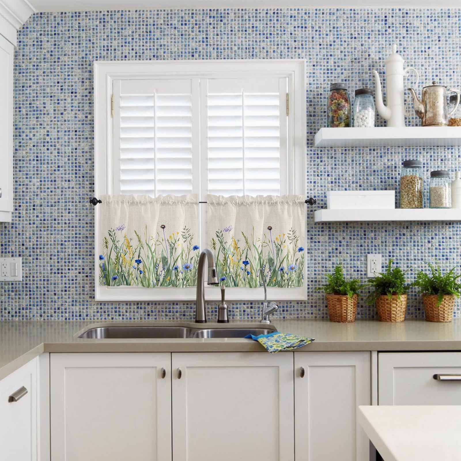 Navy Flower Kitchen Curtains Valance and Tier Set Blue-green Leaf Watercolor Vintage Linen Rod Pocket Short Curtains for Small Window 3 Pieces Set for Bedroom Bathroom Cafe (54" x 18"+27" x 36")