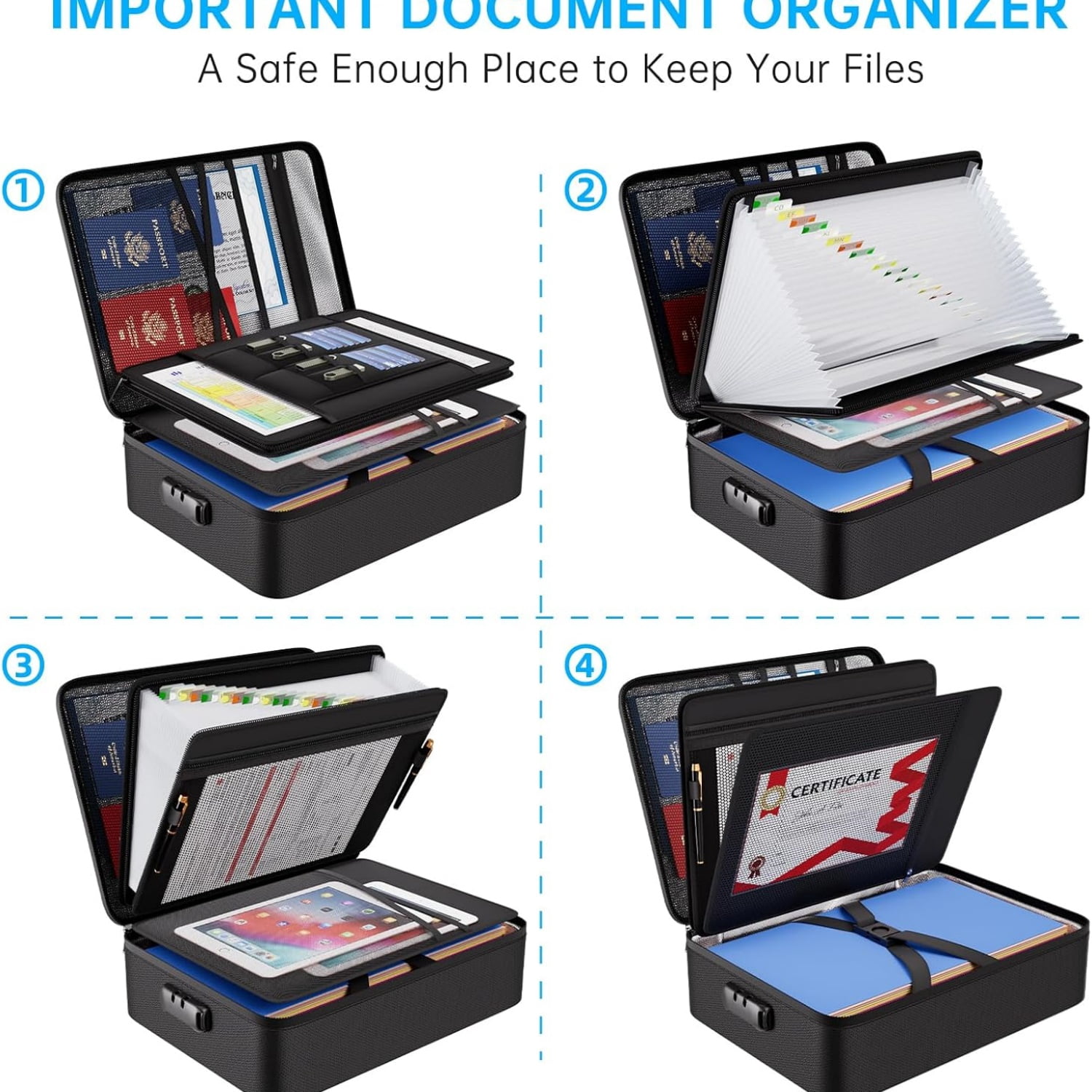 Fireproof Document Box with Lock,5200℉ Soft Case Fireproof Box with 25 Pocket Accordion File Folder,Multi-Layer Fireproof Water Resistant File Organizer Storage for Important Documents,Laptop
