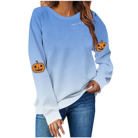 aohooy Halloween Shirt Women Cute Funny Ghost Graphic Crewneck Long Sleeve Shirt Fall Spooky Pullover Sweatshirts Tops Blue XL