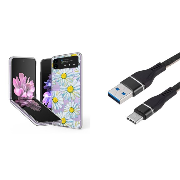 Bemz Premium Bundle for Samsung Galaxy Z Flip 3 5G: Slim Snap-On Protector Case (Daisies), Nylon Braided USB-C to USB-A Cable (3 Feet)
