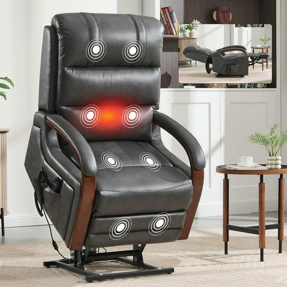 Resenkos Dual Motor Power Lift Recliner, 8-Point Massage & Heat, Solid Wood Armrests, 350lb Capacity, Gray