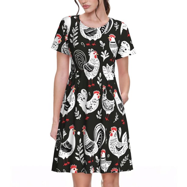 Easygdp Laying Hens And Roosters para Vestido Transpirable de Mujer, Vestido Suelto de Manga Corta con Pliegues y Bolsillos para el Verano