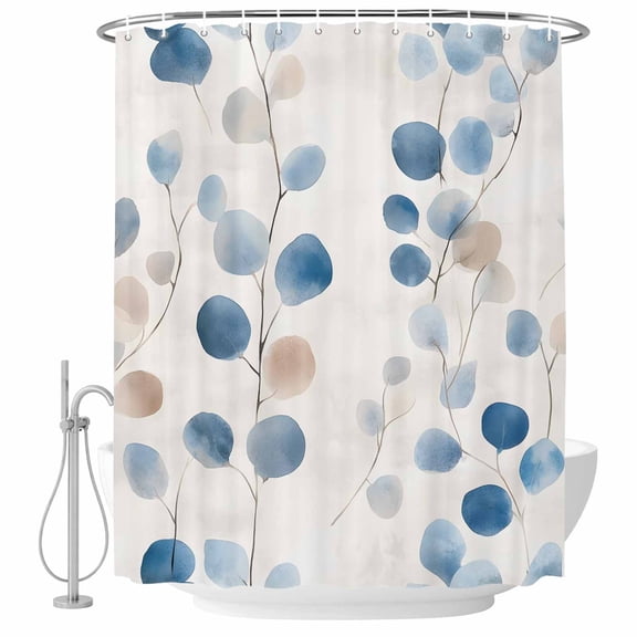 Blue Brown Botanical Shower Curtain Set - Extra Long 72" x 96" Washable Bathtub Curtain with 12 Hooks, Pastoral Summer Leaves Watercolor Waterproof Fabric Stall Shower Curtains for Bathroom Décor