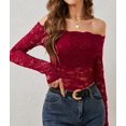 thumbnail image 5 of Women Lace Trim Off Shouder Top Long Sleeve Double Lined Y2k Trendy T Shirts Wine Red XXL, 5 of 7