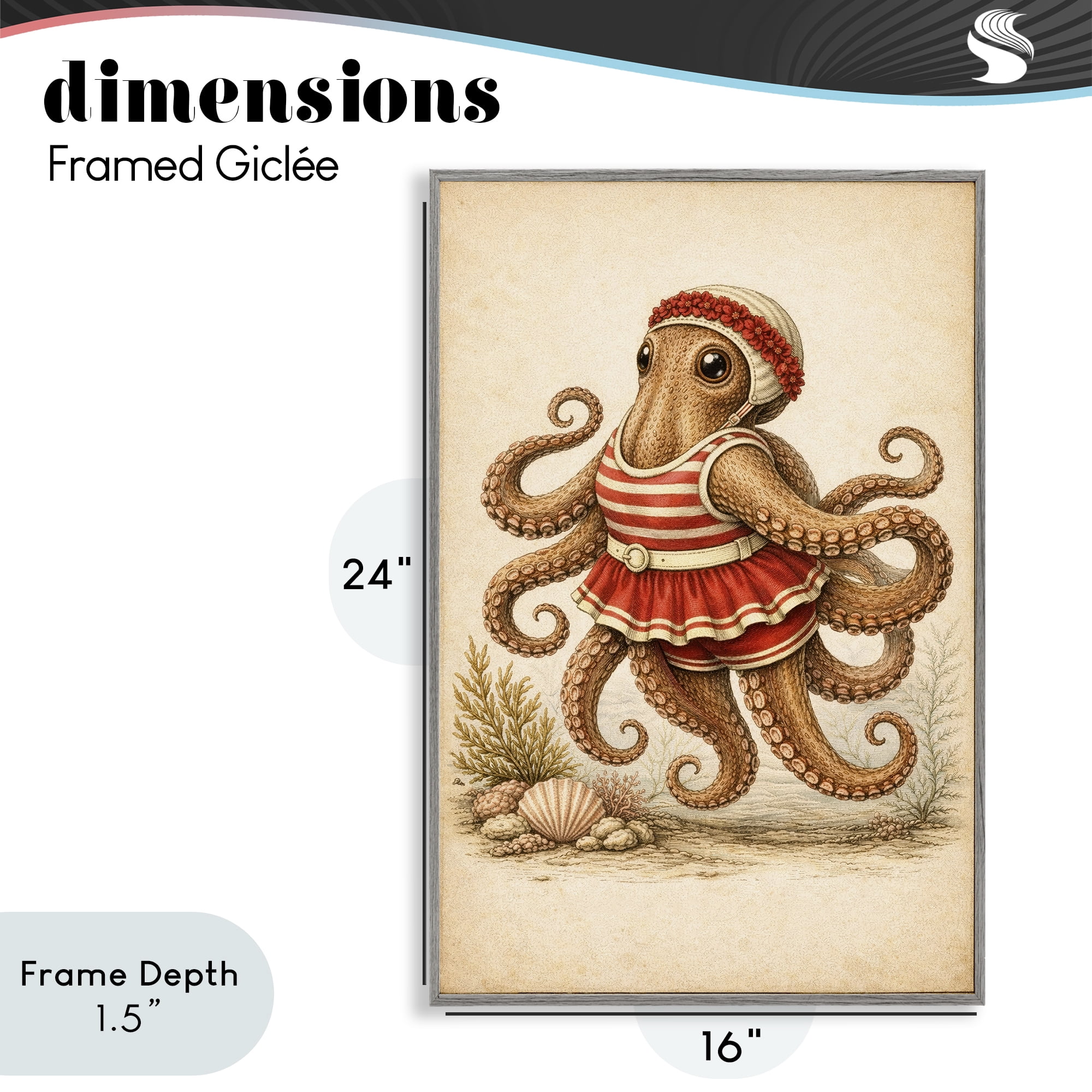 Stupell Industries Octopus of Maritime Bathing Society Gray Framed Giclee Art, design by Grotto Studios