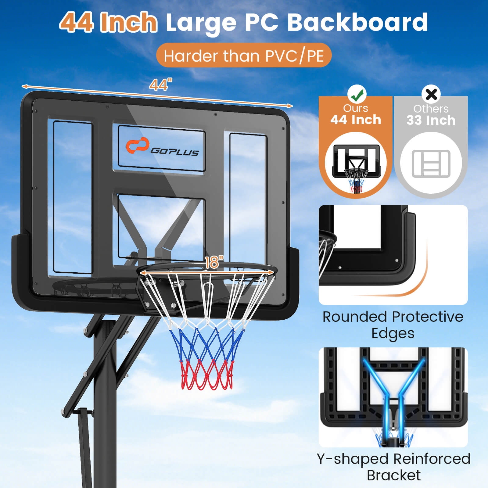 Costway 8ft-10ft Adjustable Height 44" Shatterproof Outdoor Portable Basketball System (Adult)