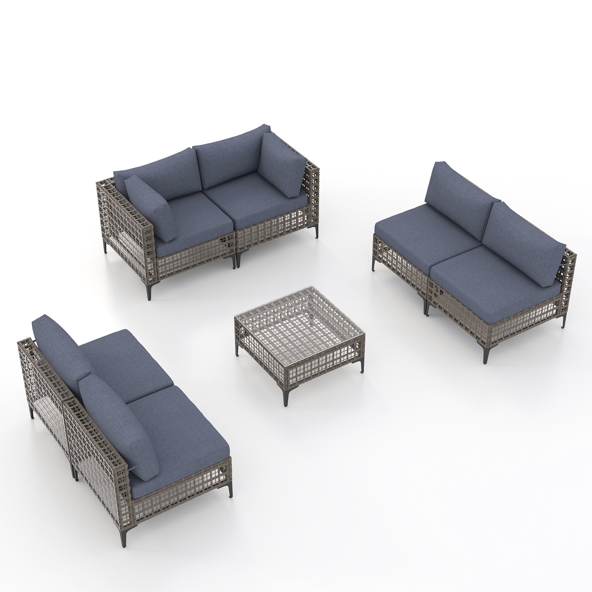 JOIVI 7 Pieces Patio Furniture Set, Outdoor Sectional Sofa Set with Cushion and Coffee Table, 7-Piece PE Rattan Conversation Set for Deck, Porch, Backyard, Denim Blue